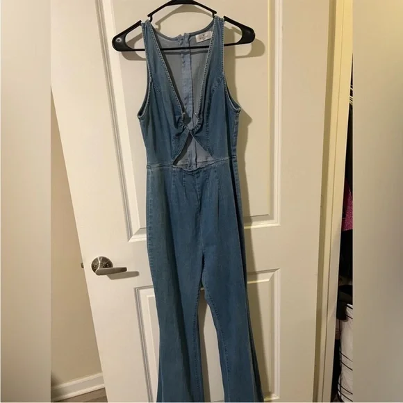 Windsor Blue Denim Flared Jumpsuit w/ Cutout & Ring Detail | Size 6 - Picture 1 of 3